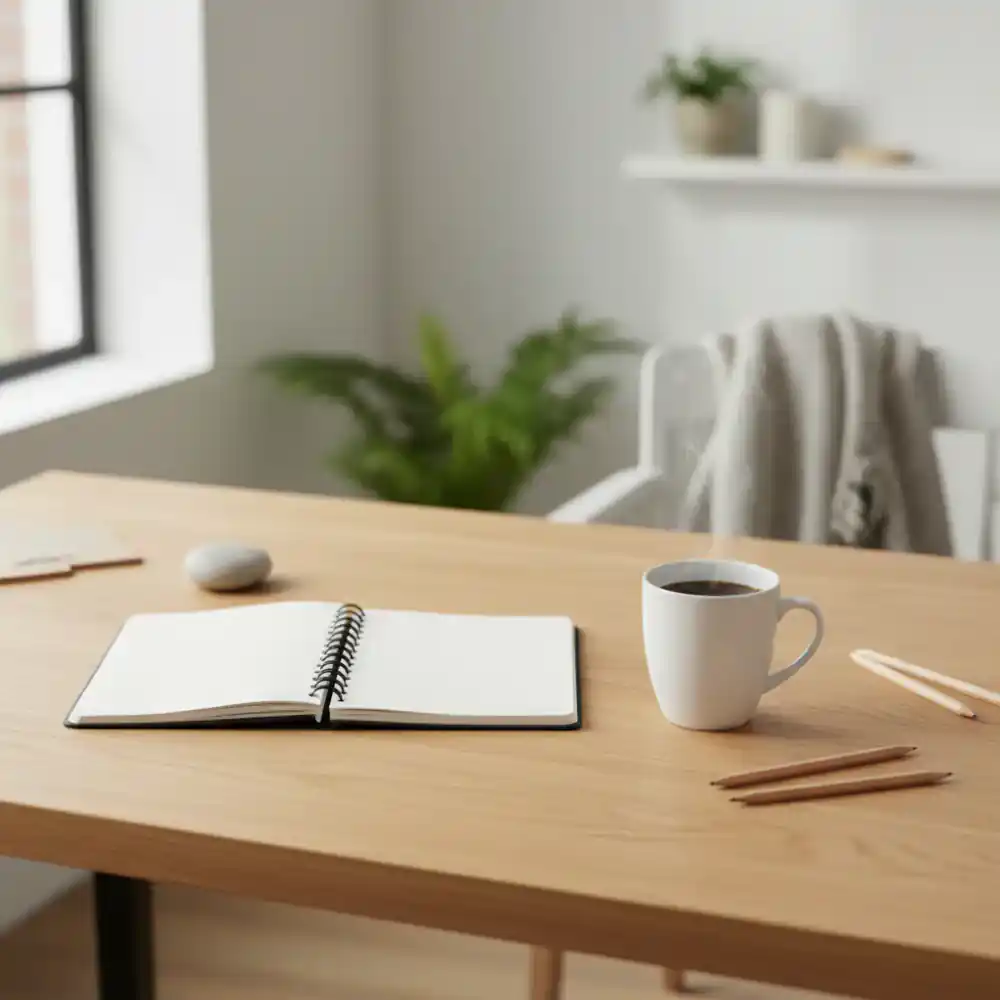 A wooden desk with a paper planner and a cup of coffee