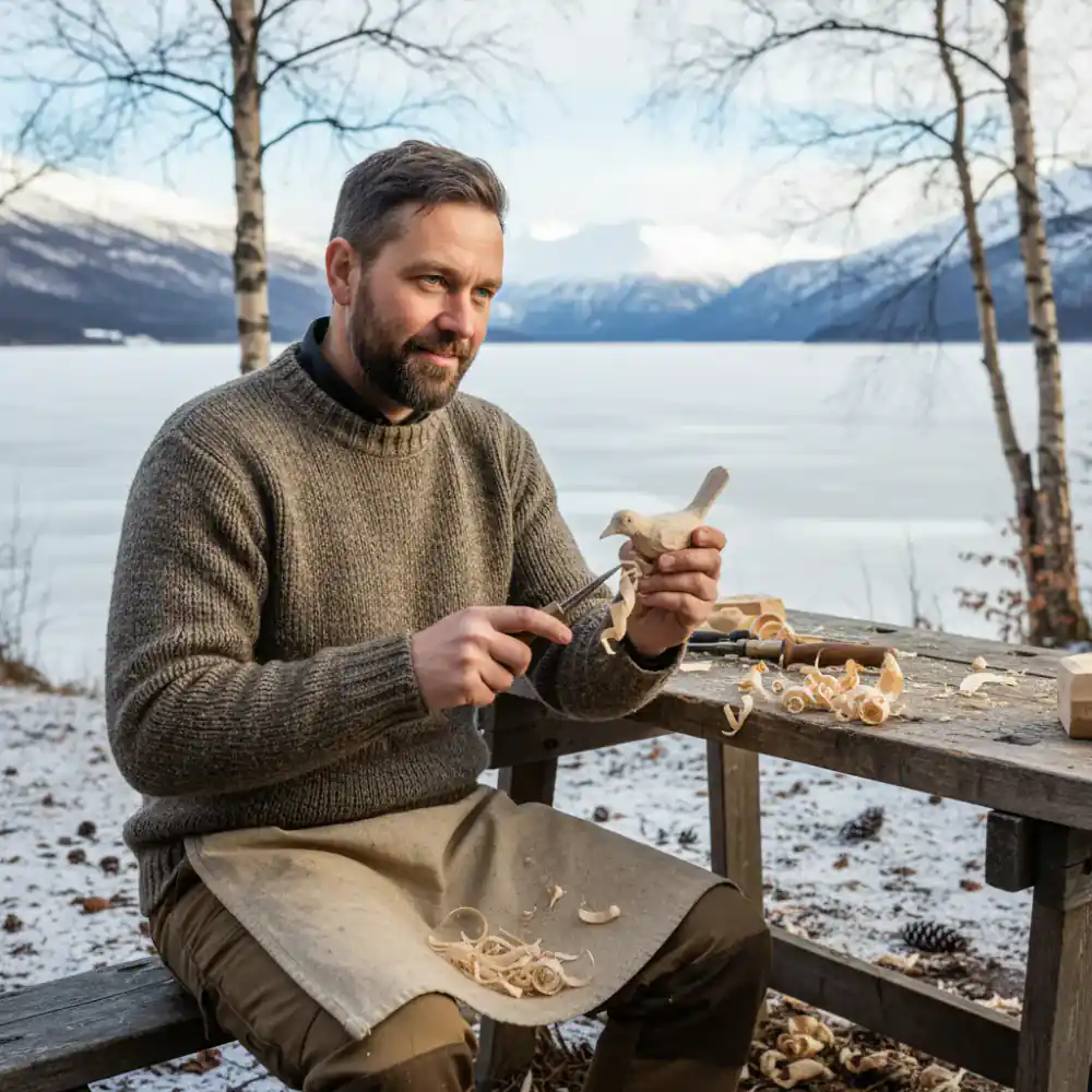 Founder carving wood at a quiet bench