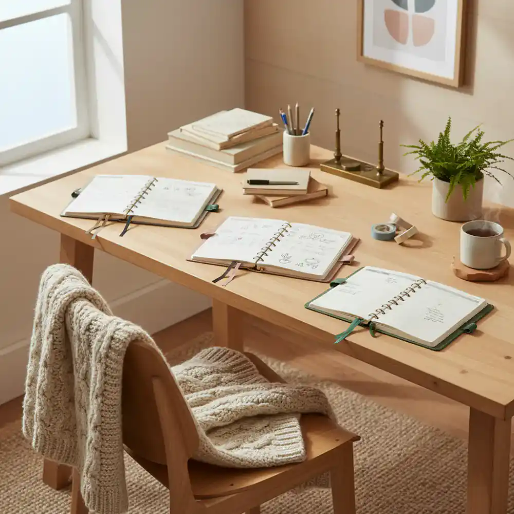 Cozy wooden desk with paper planners and zero digital devices