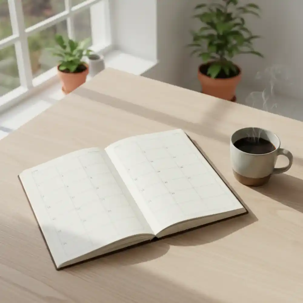 An open paper planner and a cup of coffee on a wooden table