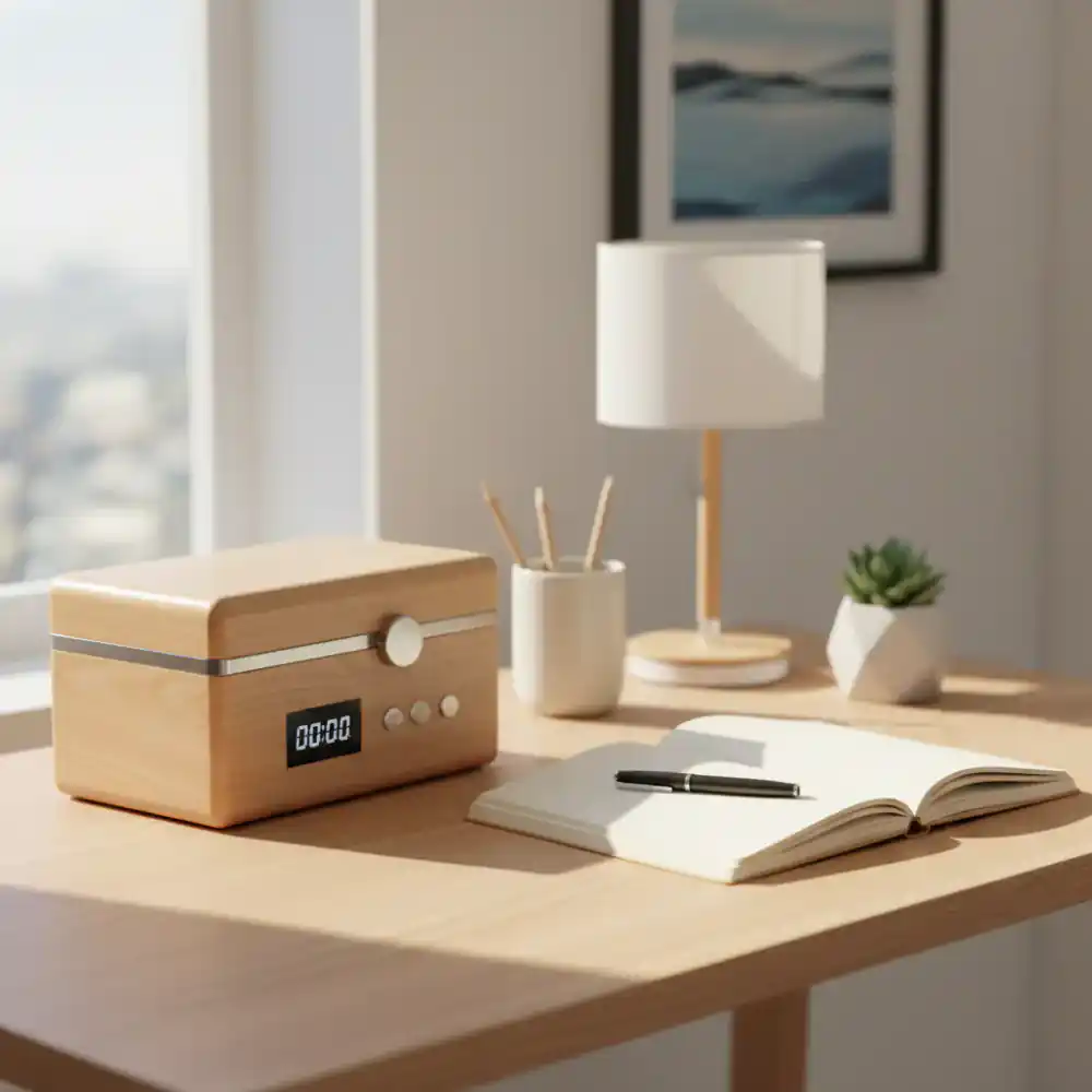 A neatly organized wooden desk with a time-lock box and a notebook