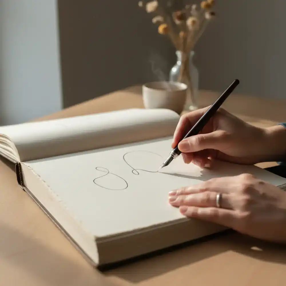 Hands writing slowly in a thick paper journal