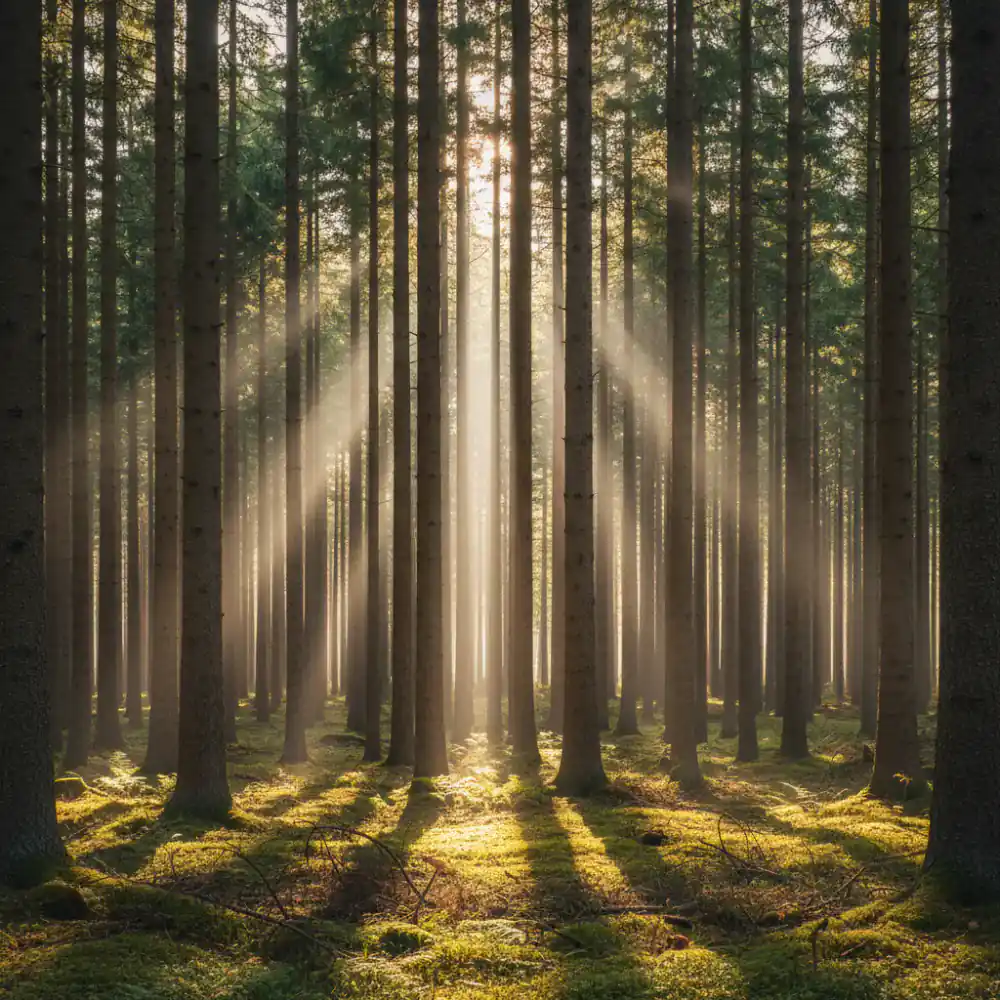 Sunlight filtering through dense pine trees