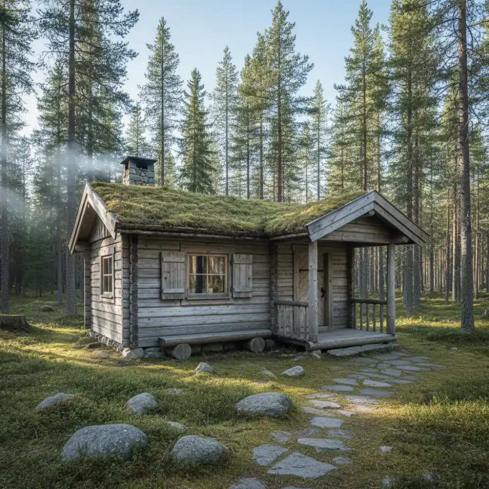 A quiet wooden cabin exterior surrounded by pine trees