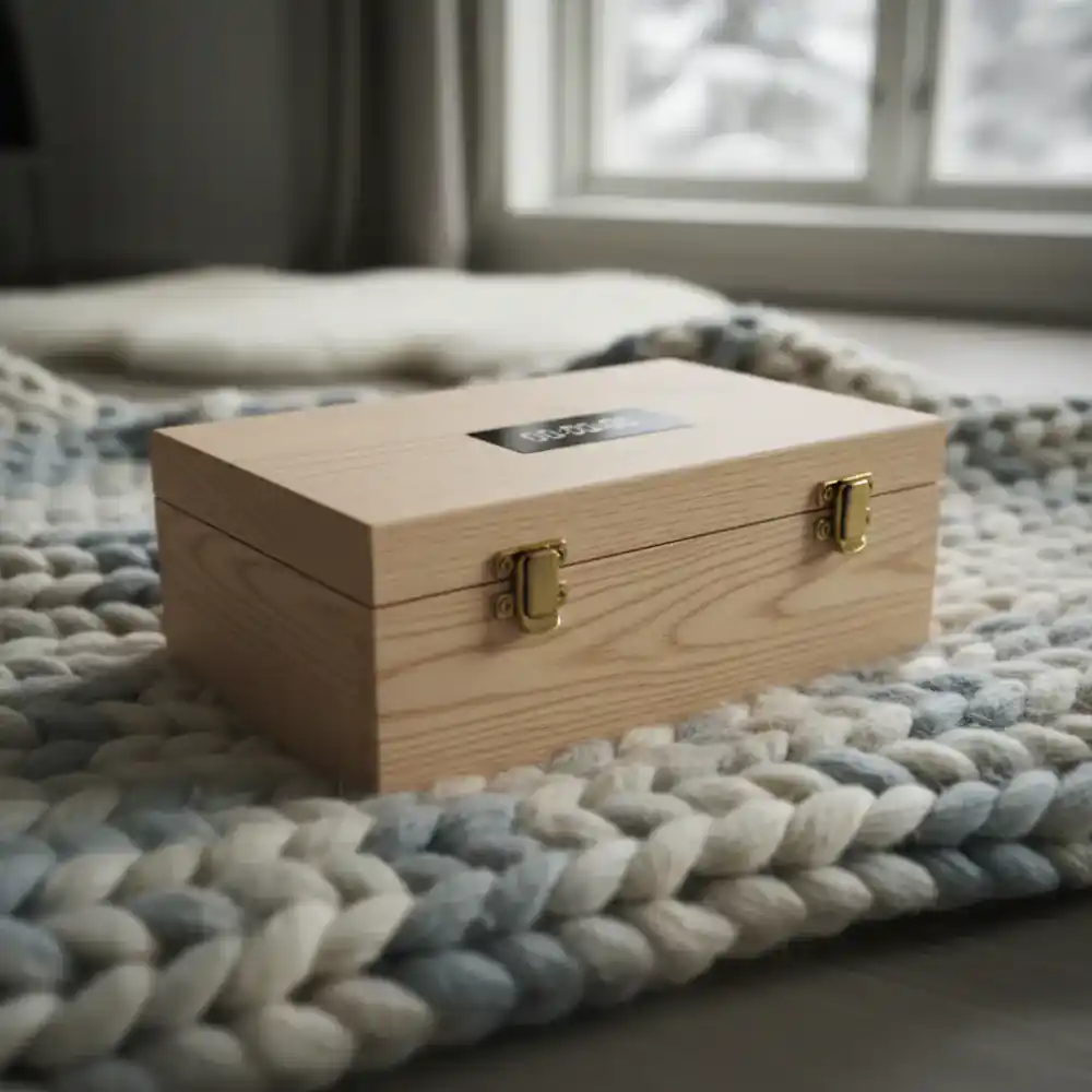 A wooden time-lock box resting on a wool blanket
