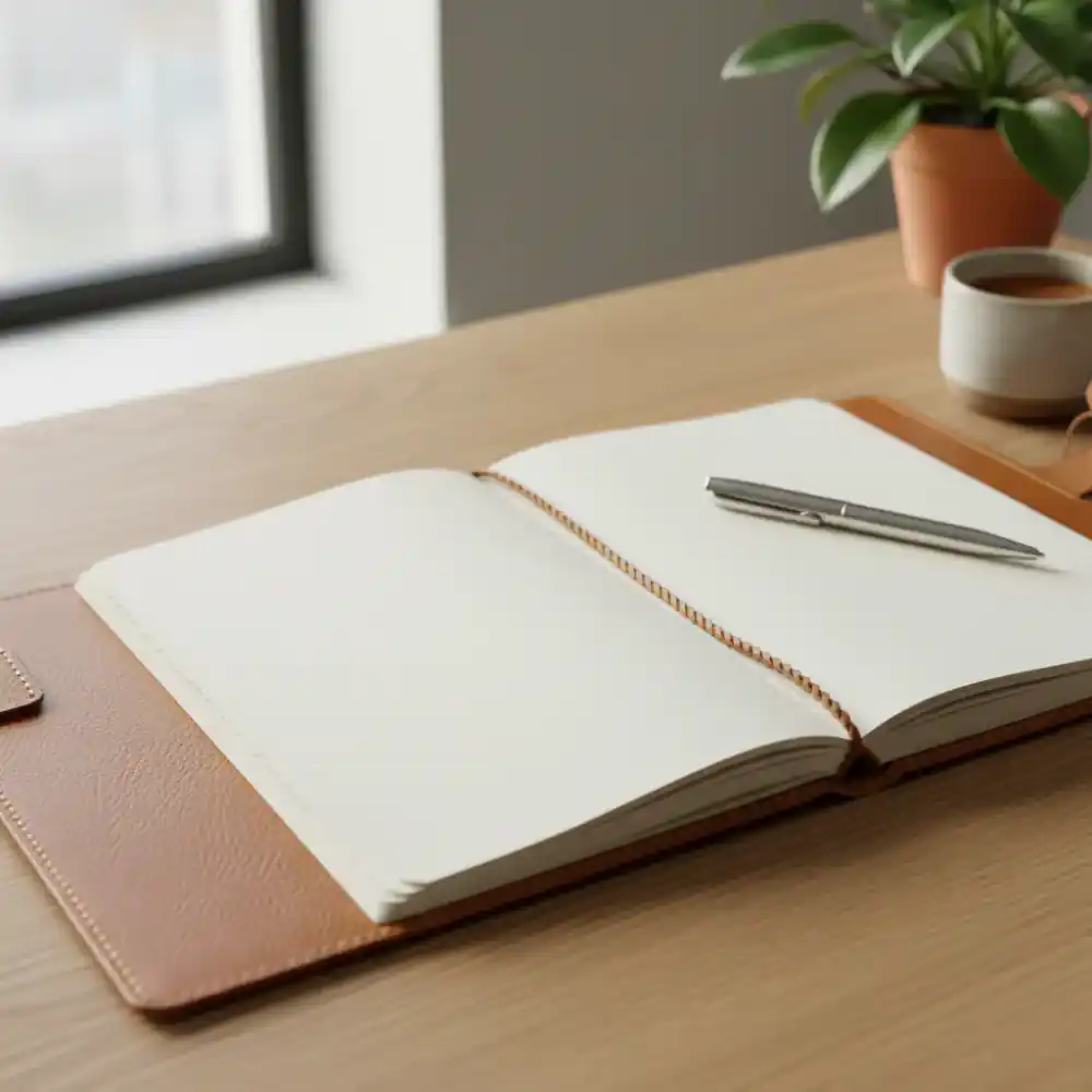A textured leather-bound planner open to a blank page
