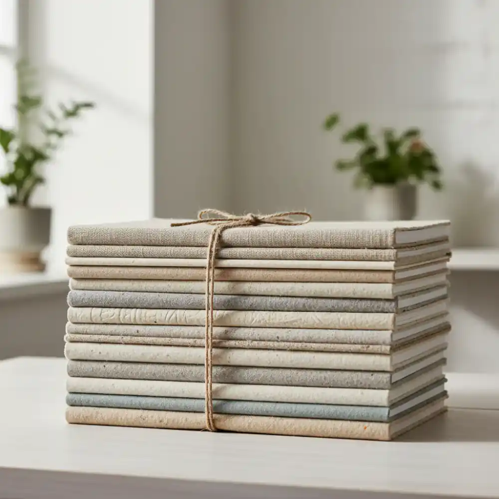 A stack of textured blank notebooks tied with string