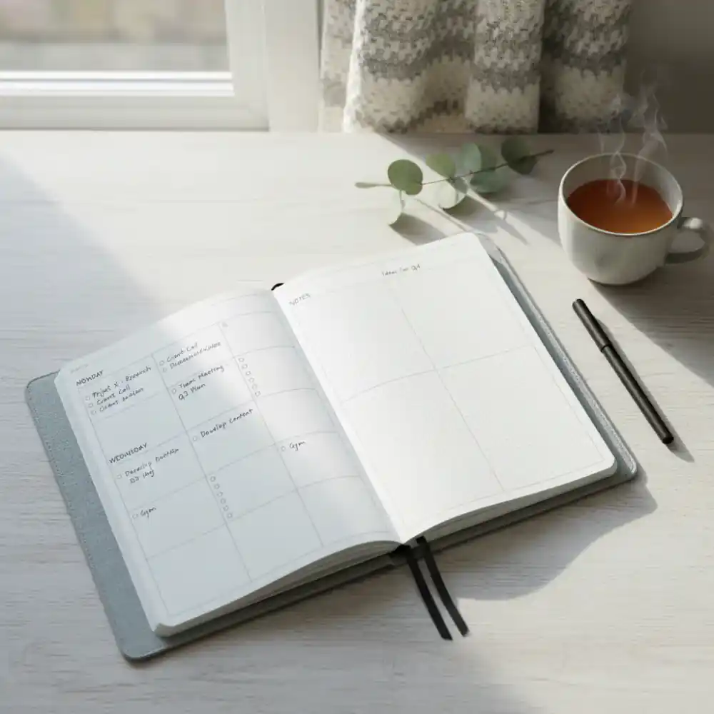 An open paper planner with neat handwritten notes