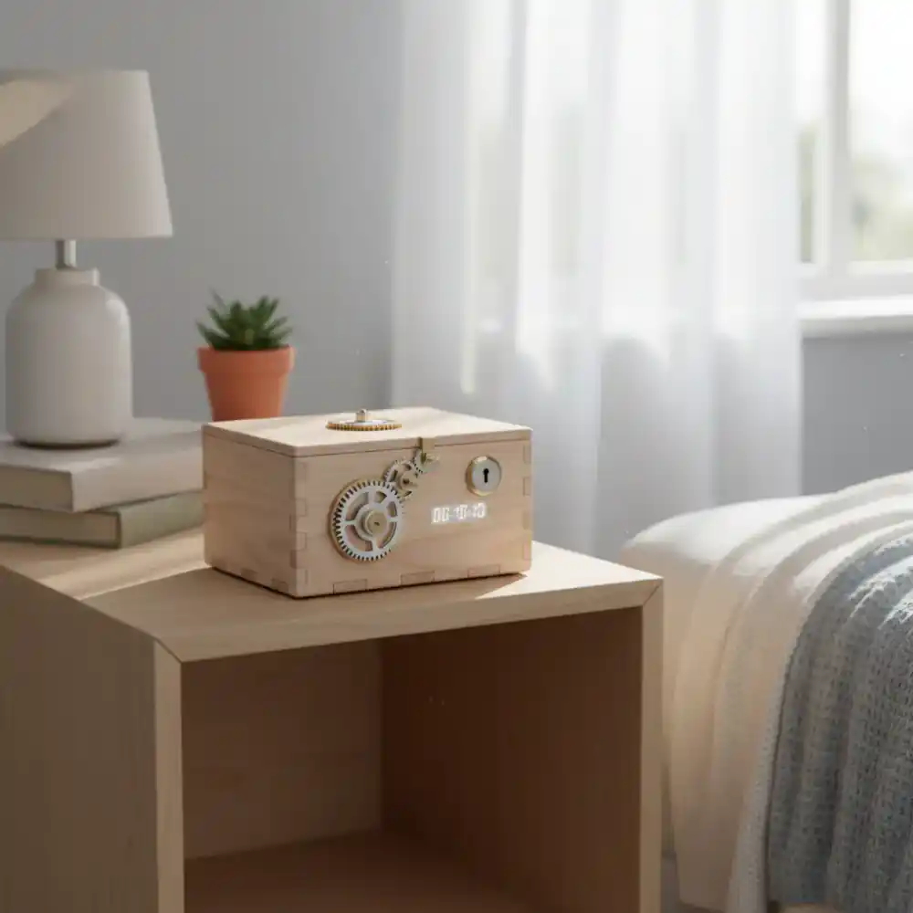 A wooden time-lock box resting on a bedside table
