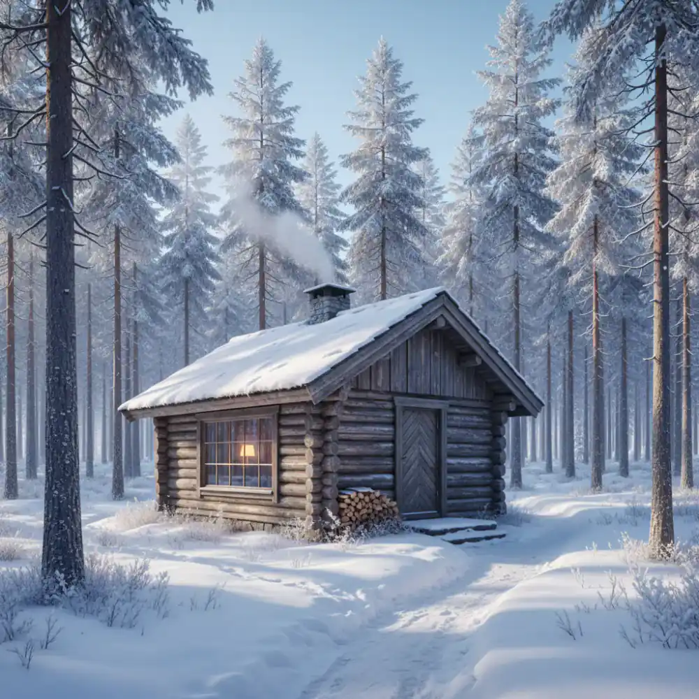 A small wooden cabin surrounded by tall pine trees