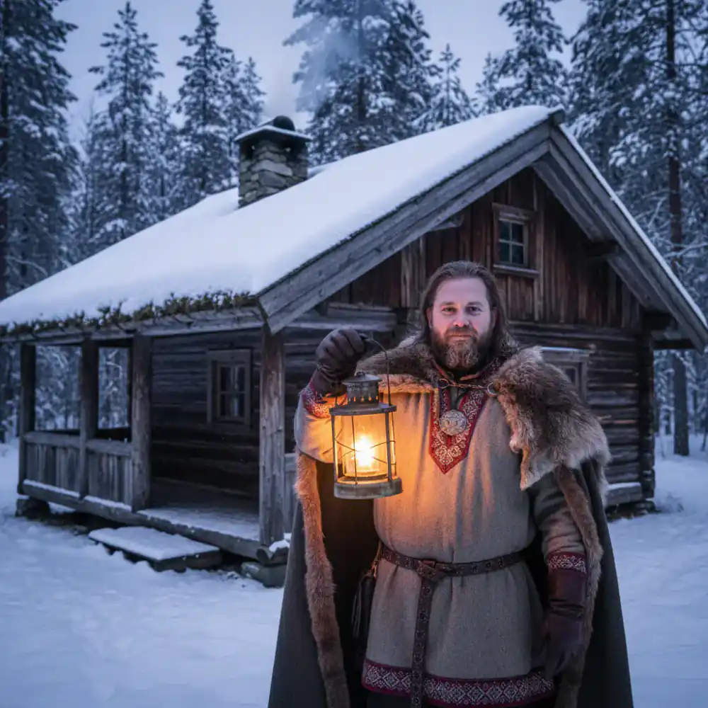 Host holding a lantern in front of a Nordic cabin